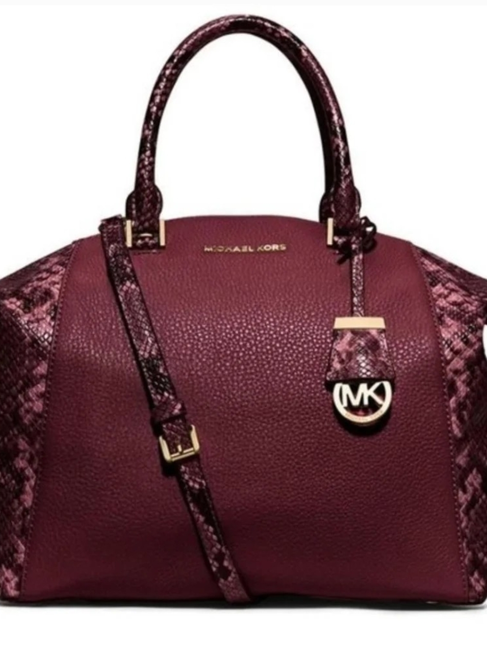 Michael Kors Riley Merlot Pebble Leather Satchel with Snakeskin-Embossed Trim